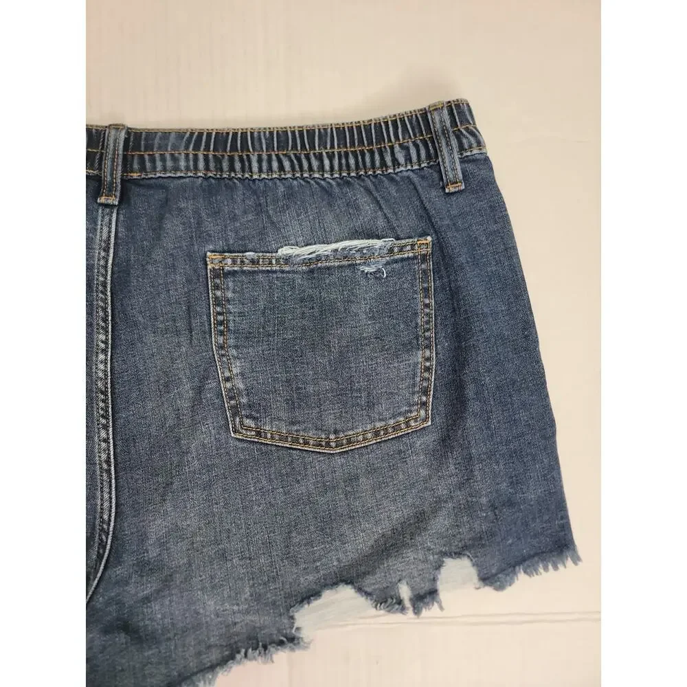 Aerie Jean Shorts Womens Sz 2XL Cutoff Distressed Elastic Waist Festival Boho